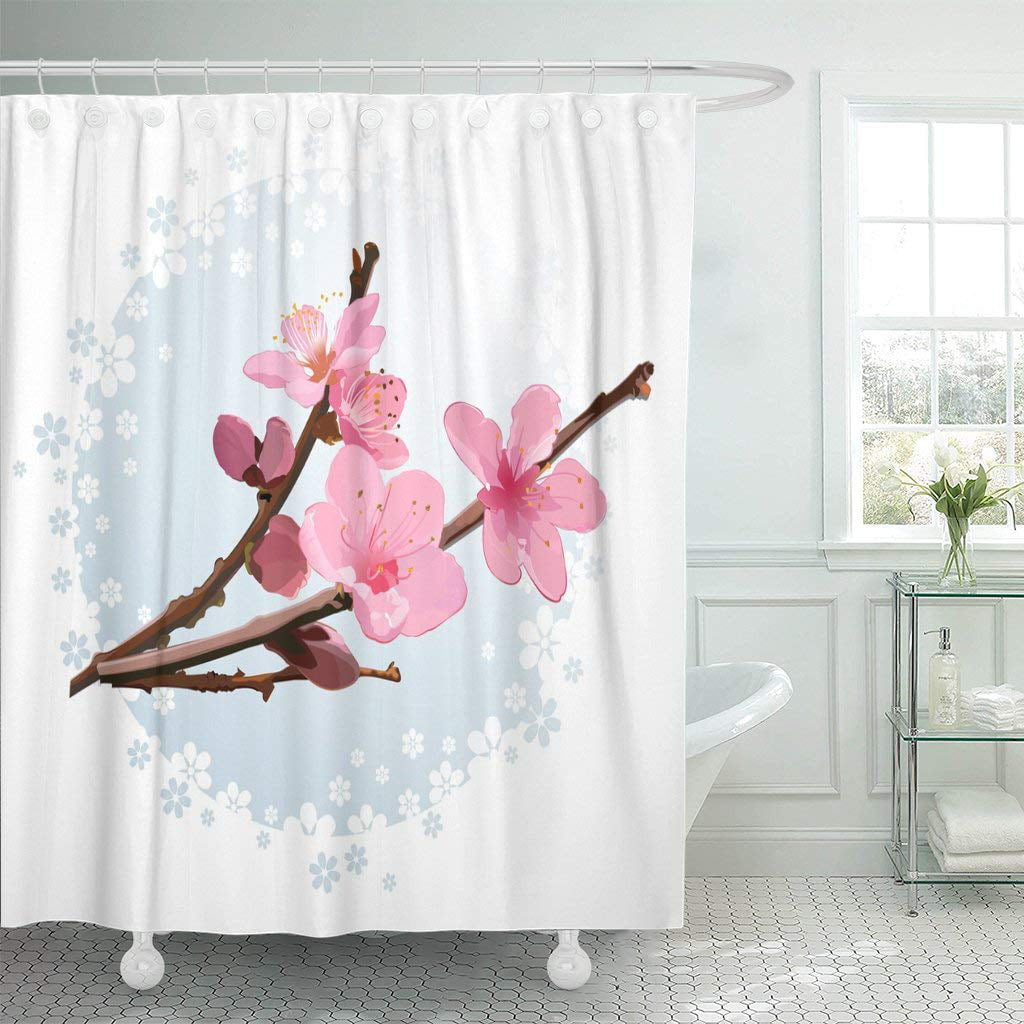 Pink cherry blossoms Shower Curtain Bathroom Waterproof Polyester & 12Hooks HOT 