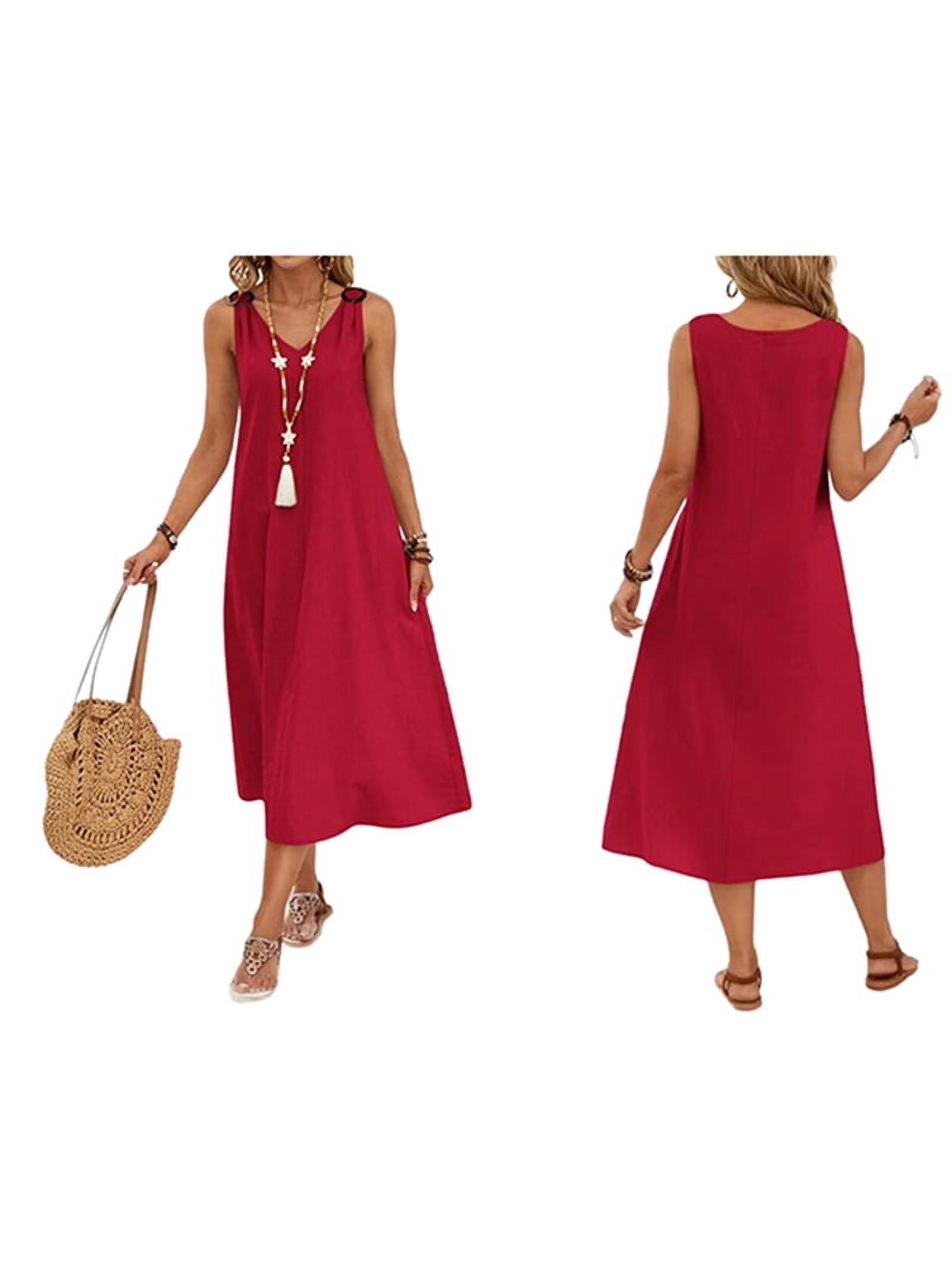 Dresses for Women Spring Summer Sleeveless V Neck Cotton Beach Casual Dress Wine Red XL