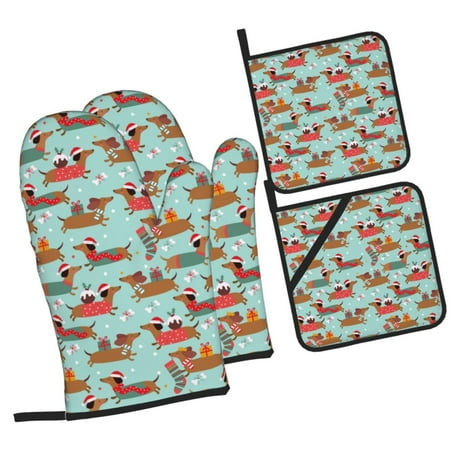 

Balery Dachshund Christmas Play Pattern Oven Mitts and Pot Holders 4 pcs Set Kitchen Oven Glove High Heat Resistant 500℉ Oven Mitts with Non-Slip Silicone Surface