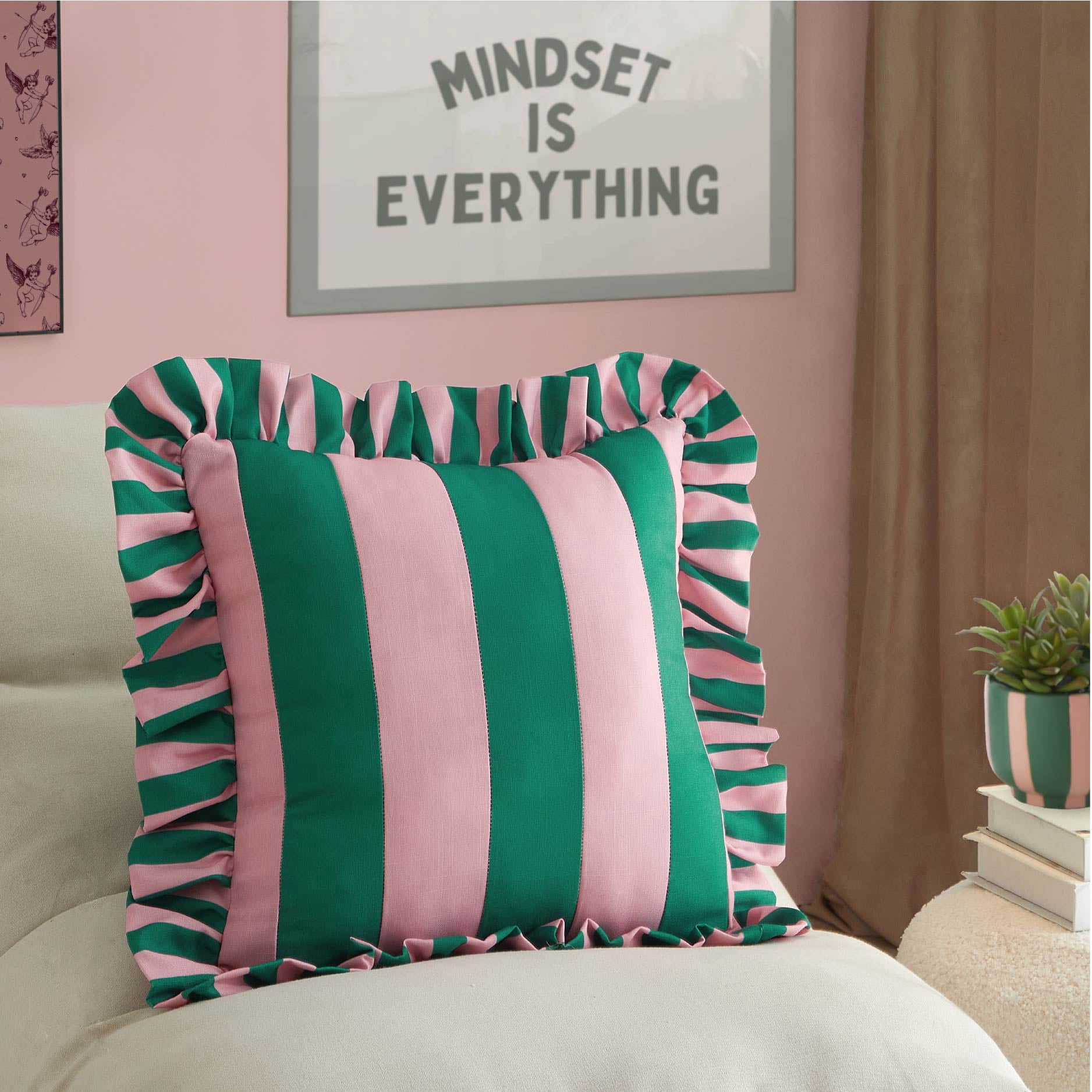 Mainstays 18" x 18" Pink and Green Ruffle Striped Pillow