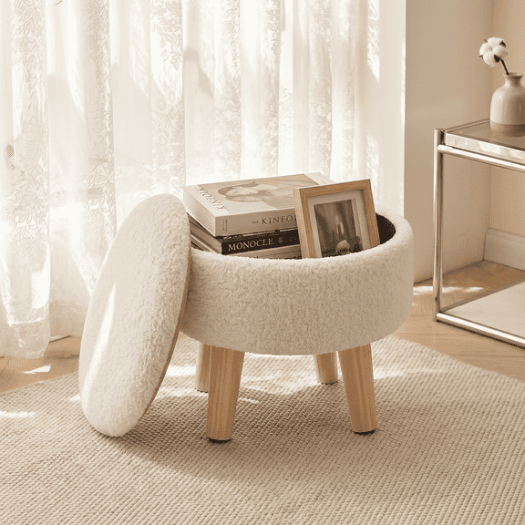 ROOMISLAND Round Storage Ottoman, Teddy Velvet Footrest Stool with Wood Legs & Reversible Tray Lid, Multi-Functional Small Coffee Table for Living Room Bedroom