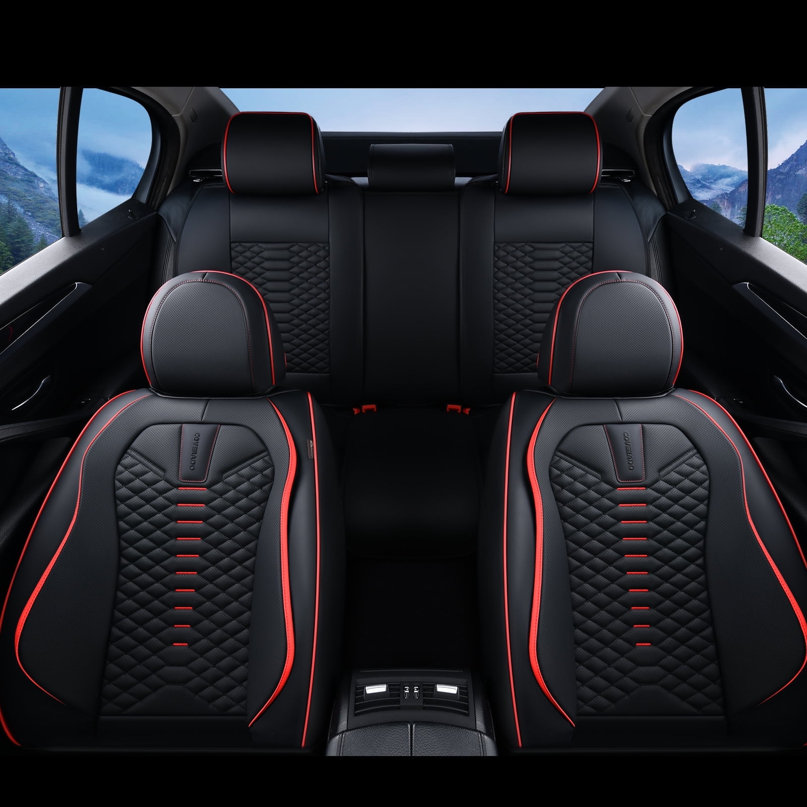 Coverado Black and Red Trim Car Seat Covers Full Set, Premium Leather Front and Rear Split Bench Cover, Automotive Seat Protectors Universal Fit for Most Cars, SUVs and Trucks