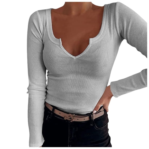 HXWCHs T-Shirt Mode Décontracté pour Femme en Coton Uni à Col Rond, Col en U Profond, Manches Longues, Couleur Unie, Haut, S Gris