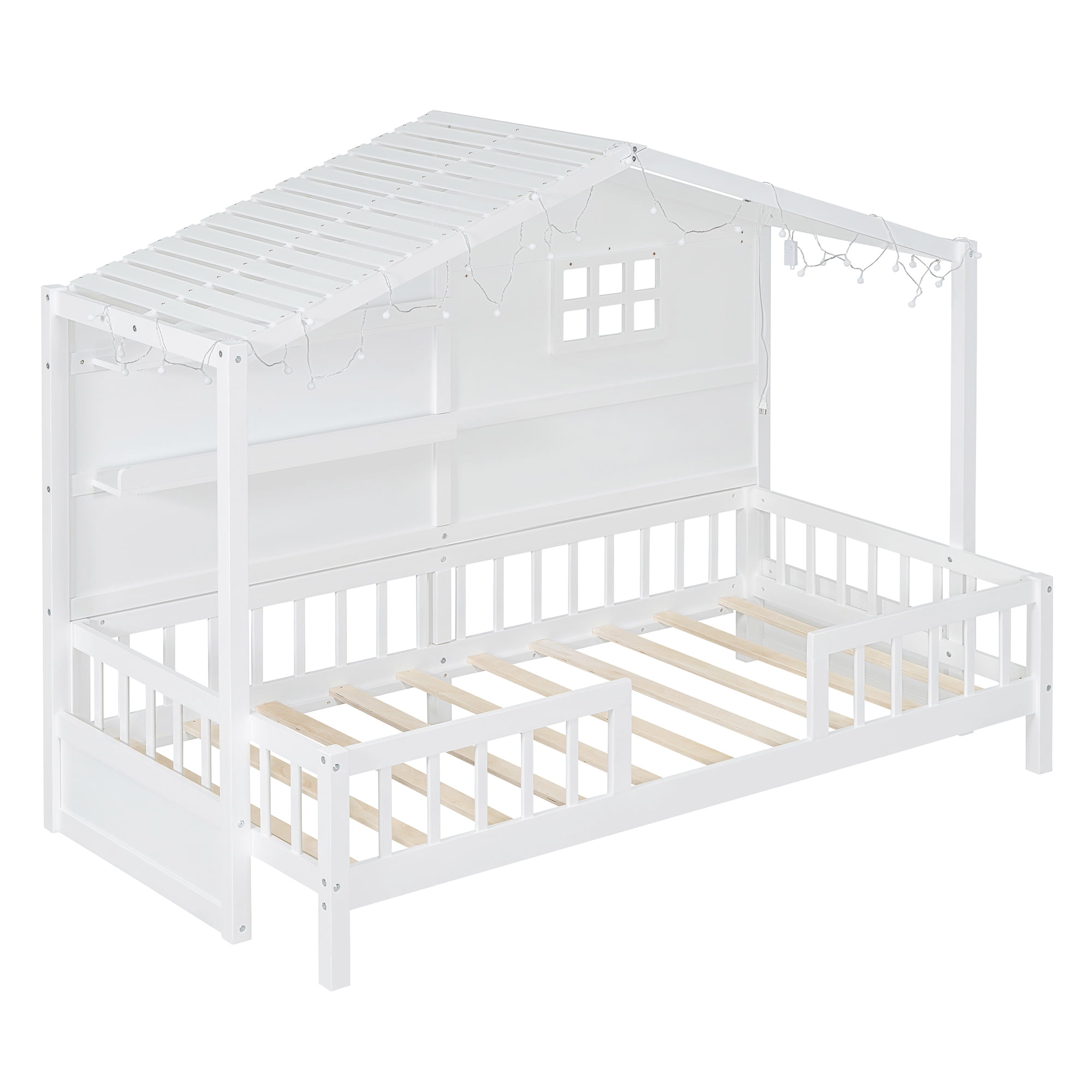 Mintazer Twin House Bed with LED String Lights & Storage Shelves, Toddler Montessori Bed Frame with Guardrails for Kids, White