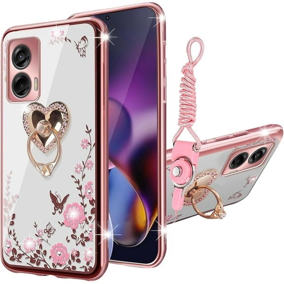 nancheng Phone Case for Motorola Moto G Stylus 5G (2024) Cute Soft TPU Cover for Girls Women with Heart Kickstand Lanyard Shockproof Protective - Rose Butterfly