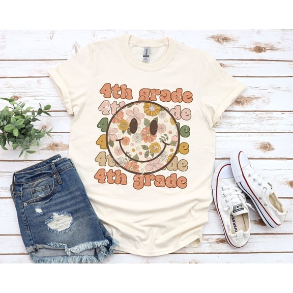Retro Fourth Grade Teacher T-Shirt Vintage 4th Grade Teacher Crew Shirts Female Large