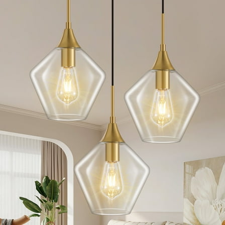 Deyidn 9-inch Adjustable Gold Pendant Light with Glass Shade, Set of 3, Modern Hanging Chandelier for Kitchen Island, Dining Room, Entryway, Bedroom