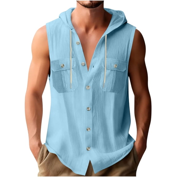 ZQUUVOU Men's Workout Tank Tops Hooded Sleeveless Button Down Drawstring Lightweight Sporty Vest Shirt with Pockets Blue