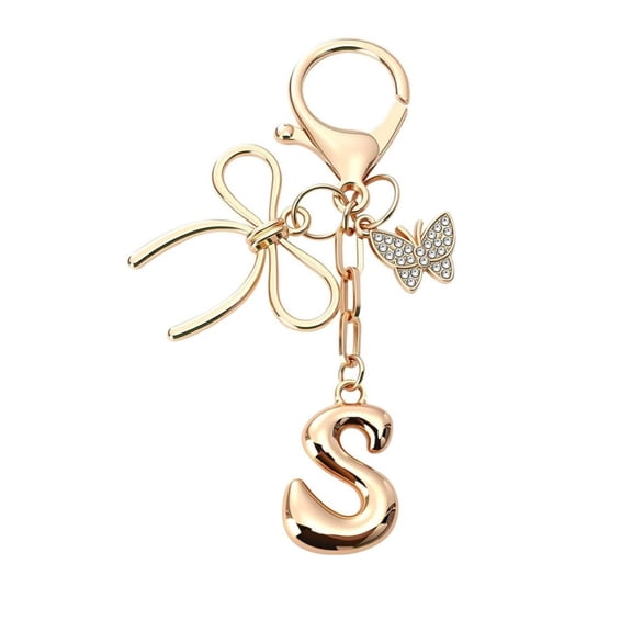 Gold Initial Keychain for Women with Bow and Butterfly Charm, Cute Bubble Letter Bag Charms for Purse Handbag Accessories, Personalized Gift Idea for Her with A-Z Initial Selection