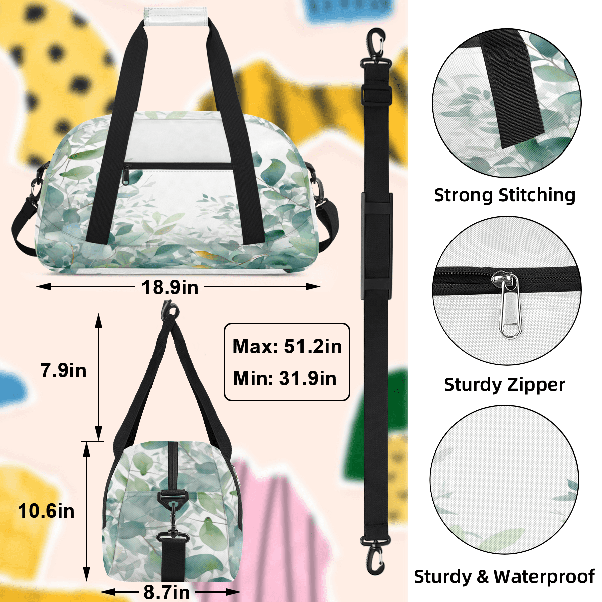 Herdesigns Eucalyptus Leaf Sports Duffle Bag for Women & Men, Sage Green Plants Gym Bag Dance Bag Overnight Bag Carry On Weekender Travel Bag