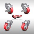 thumbnail image 2 of 3 Inch SS Red Polyurethane Wheel Swivel Bolt Hole Caster Set with 2 Brake SCC, 2 of 2