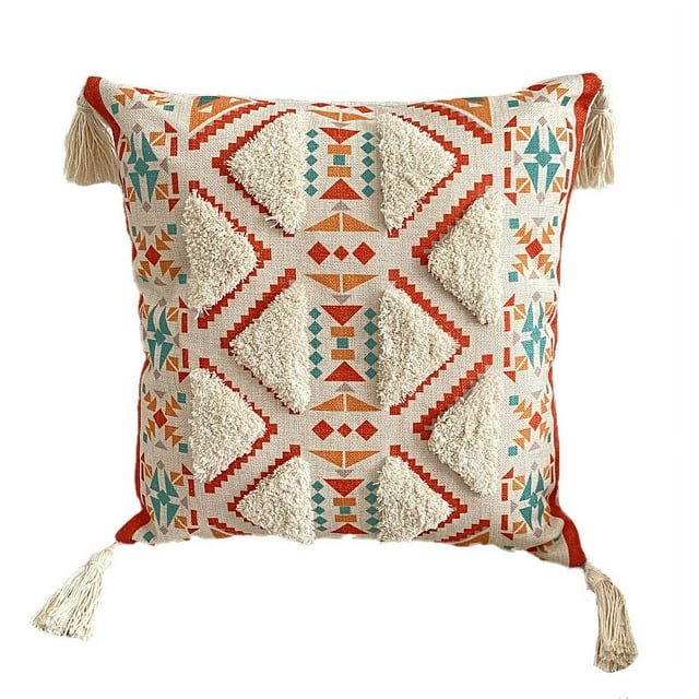 Funda de almohada de lino bohemio con estampado geométrico, 45 x 45 cm
