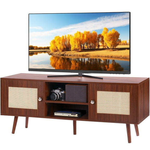 Rattan TV Stand, Boho TV Cabinet for 55 inch TV, Century Modern TV Stand, Rattan TV Console with Adjustable Shelfs for Living Room, Media Room, Walnut