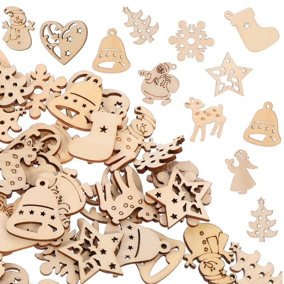 UNOMOR 100pcs Beige Wooden Cutouts Tree Hanging Ornament for Families Christmas Decoration
