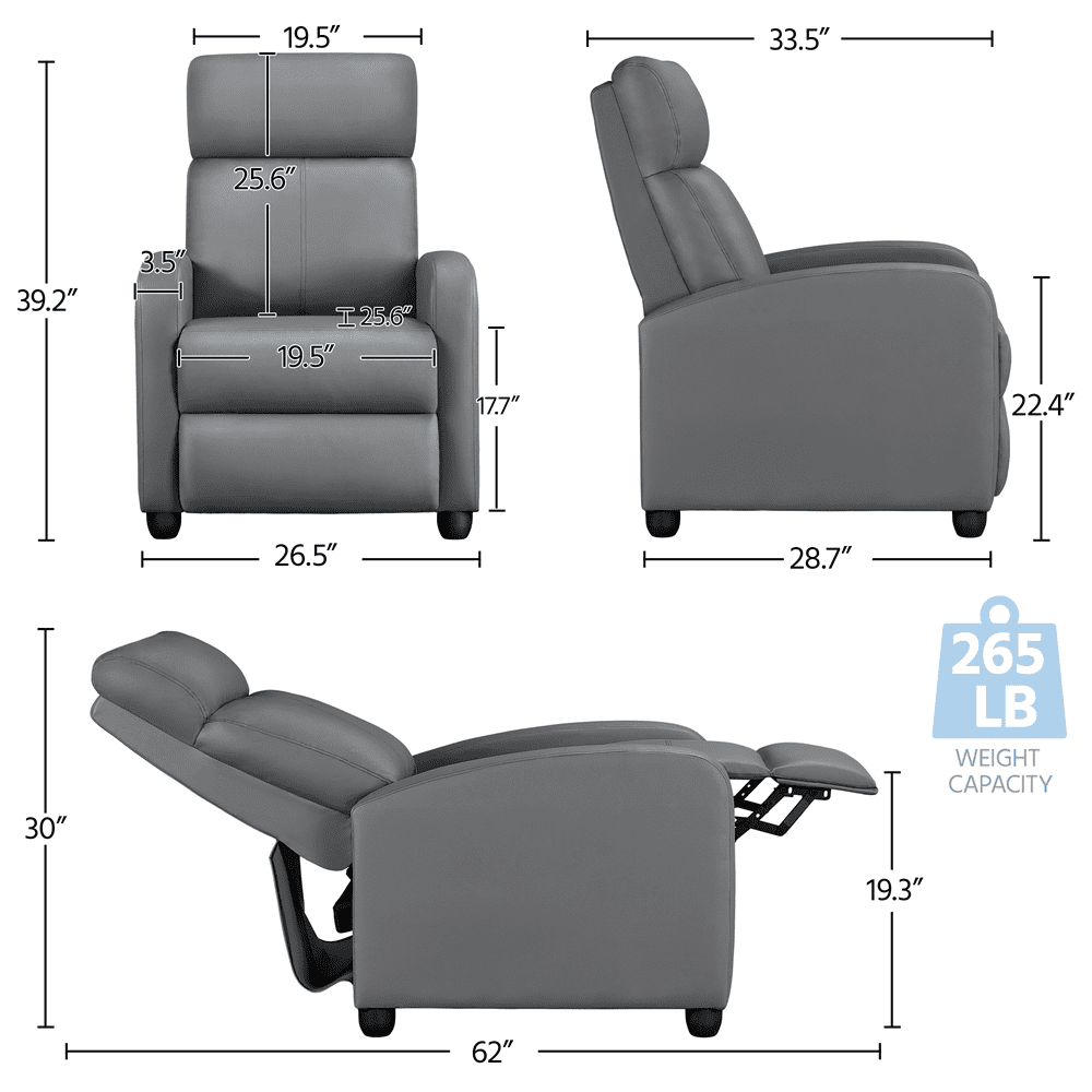 Alden Design Faux Leather Push Back Theater Recliner Chair with Footrest, Gray