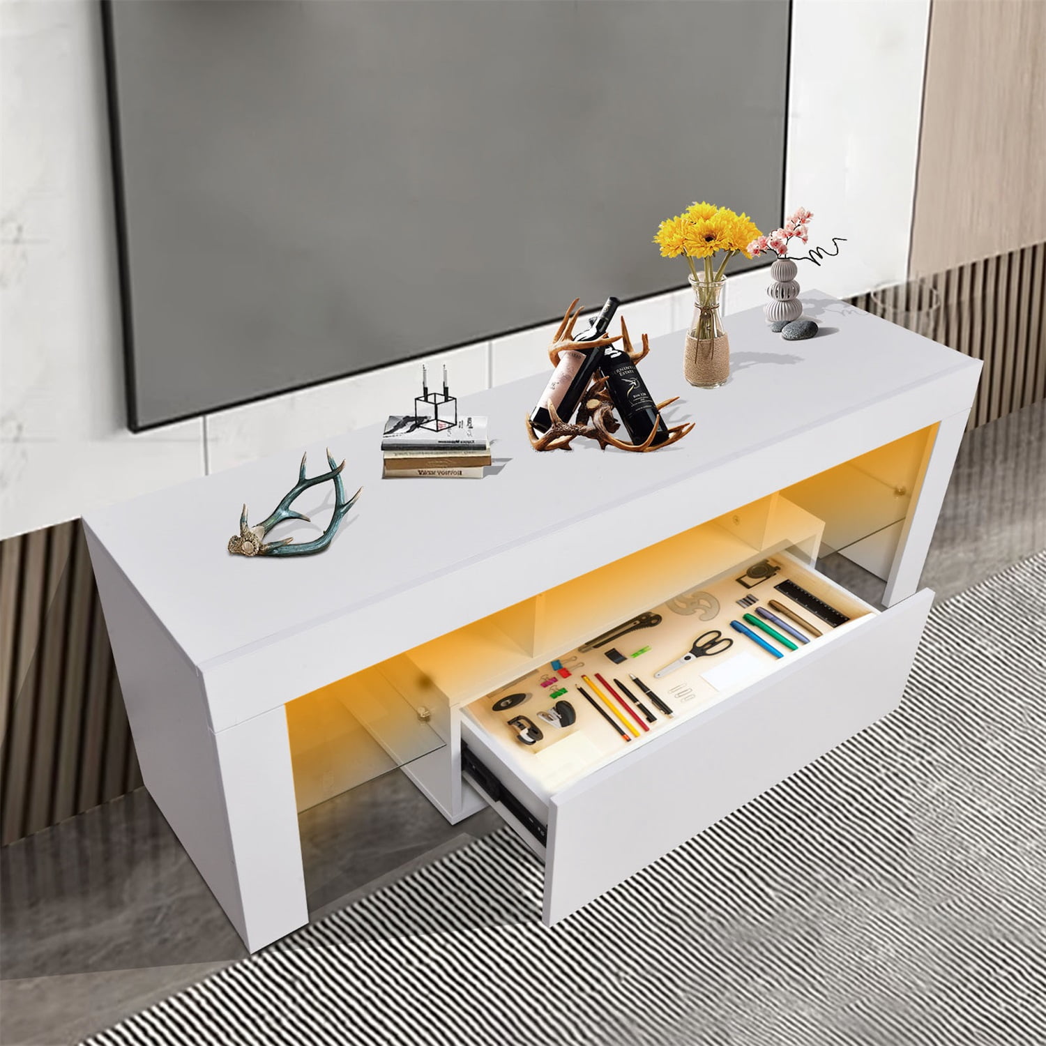 Hommoo Modern TV stand with LED Lights, TV Media Console Entertainment Center with Drawer, Storage TV cabinet with Glass Shelf for 55 Inch TV, White
