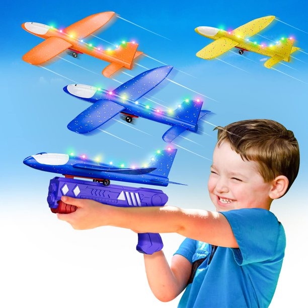 Kids Toys 1 Pack Airplane Toys with Launcher,Flight Modes LED Foam