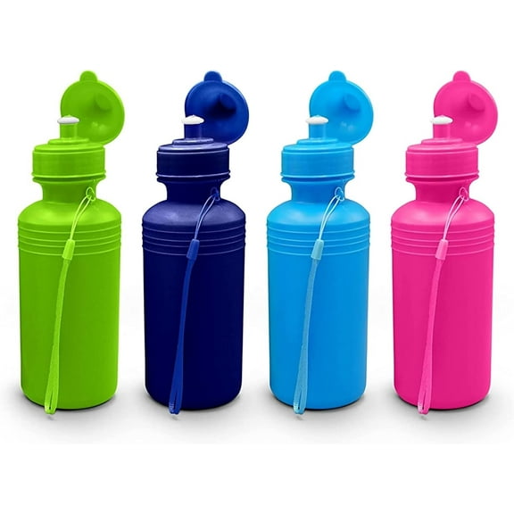 4E's Novelty 4 Pack Kids Water Bottles 18oz – BPA-Free, Reusable Plastic Bottles with Strap