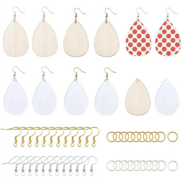 Kit para hacer aretes: incluye 30 colgantes acrílicos transparentes en forma de lágrima y 30 aretes de madera sin terminar con ganchos y anillos de salto.