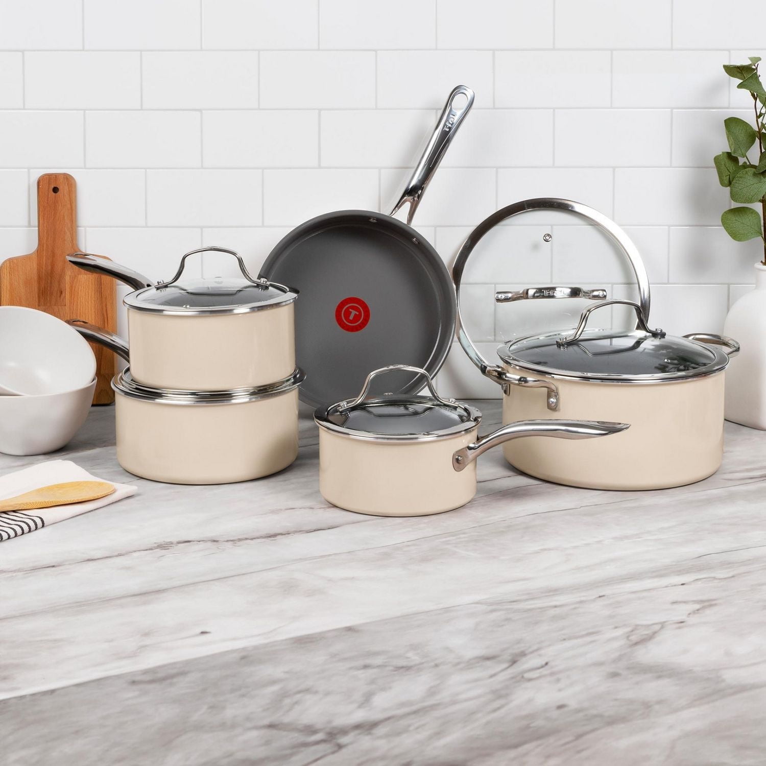T-fal Excellence Ceramic 10PC Cookware Set, Cream
