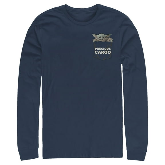 Men's Star Wars: The Mandalorian The Child Precious Cargo Pocket Long Sleeve Shirt Navy Blue 2X Large