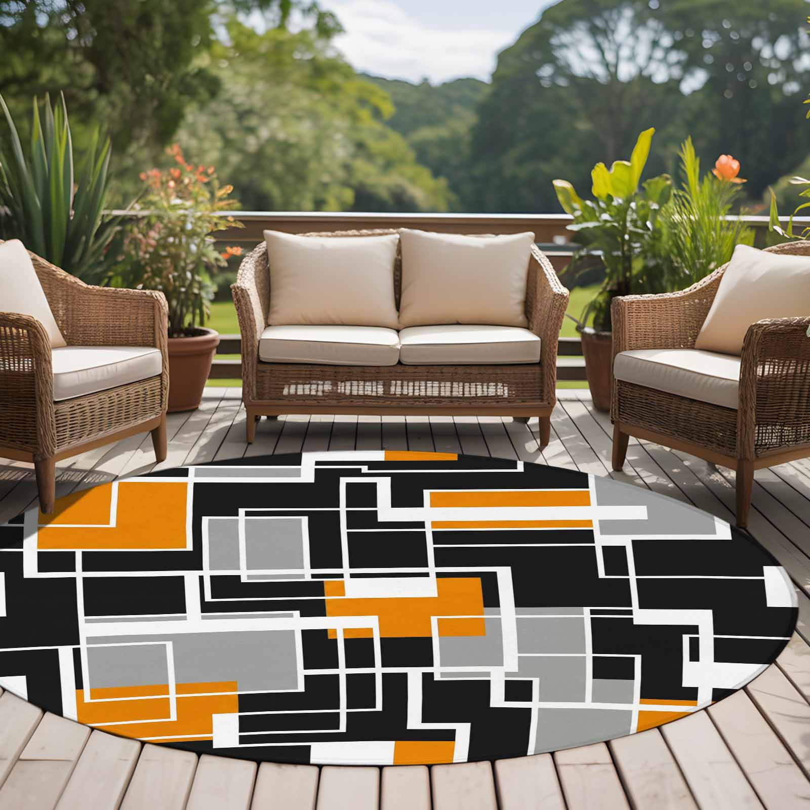 Burnt Orange Black Geometric Round Area Rug 8Ft Washable Large Circle Rugs for Living Room Dorm, Modern Color Block Abstract Non-Slip Carpet Floor Mats Indoor Outdoor Carpet Runner Home Decor