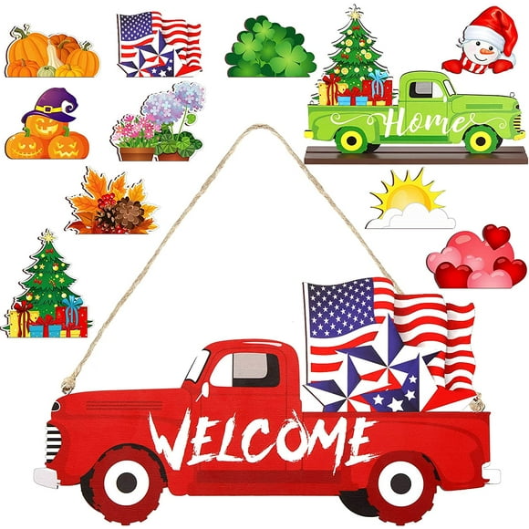 Interchangeable Welcome Home Christmas Sign Red and Green Truck Xmas Wooden Sign Double Side Printed Truck Hanging Sign with 10 Pieces Cute Wooden Sign Decors for Home Christmas Party Decor