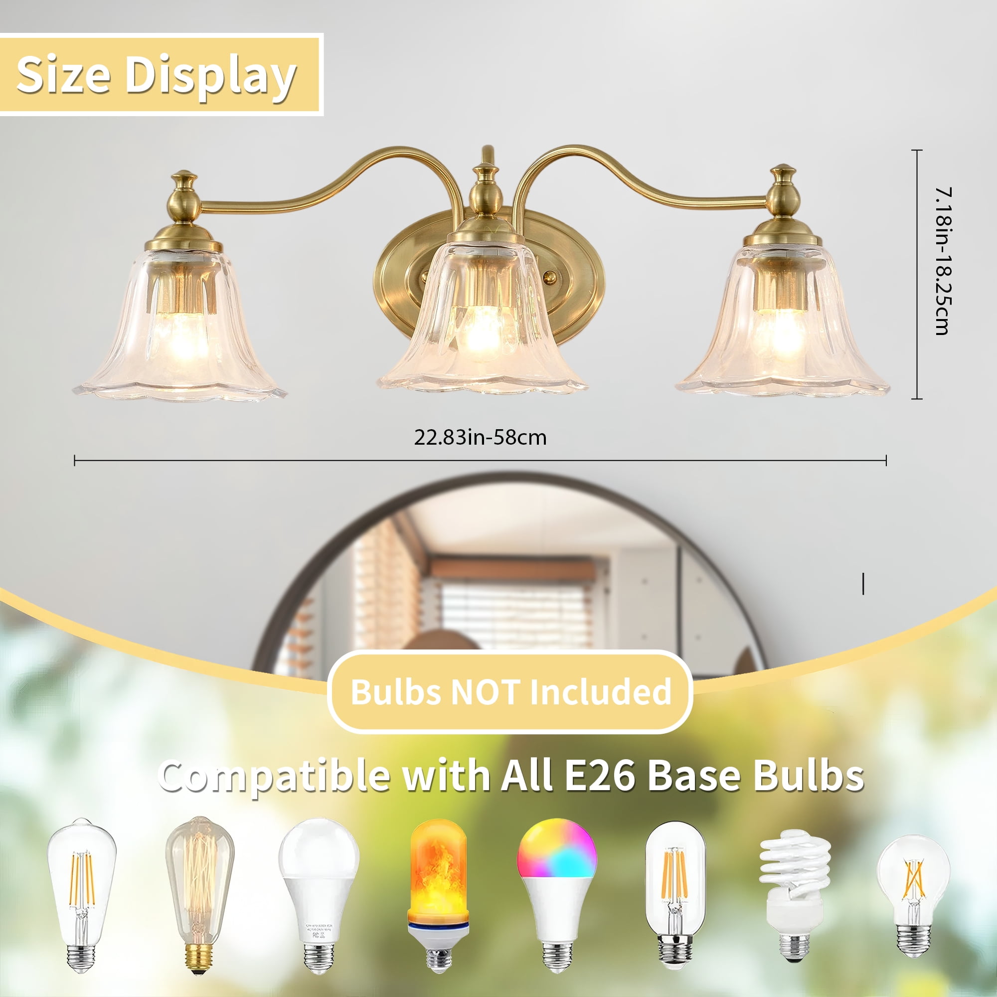 Antique Brass 3-Light Vanity Light, Vintage Bathroom Light Fixture with Floral Glass Shades, Classic Wall Sconce for Bedroom, Farmhouse
