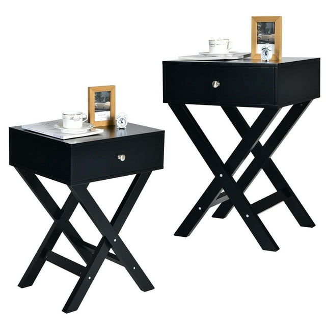 Gymax Ensemble de 2 Tables de Chevet en Forme de X avec Tiroir Noir
