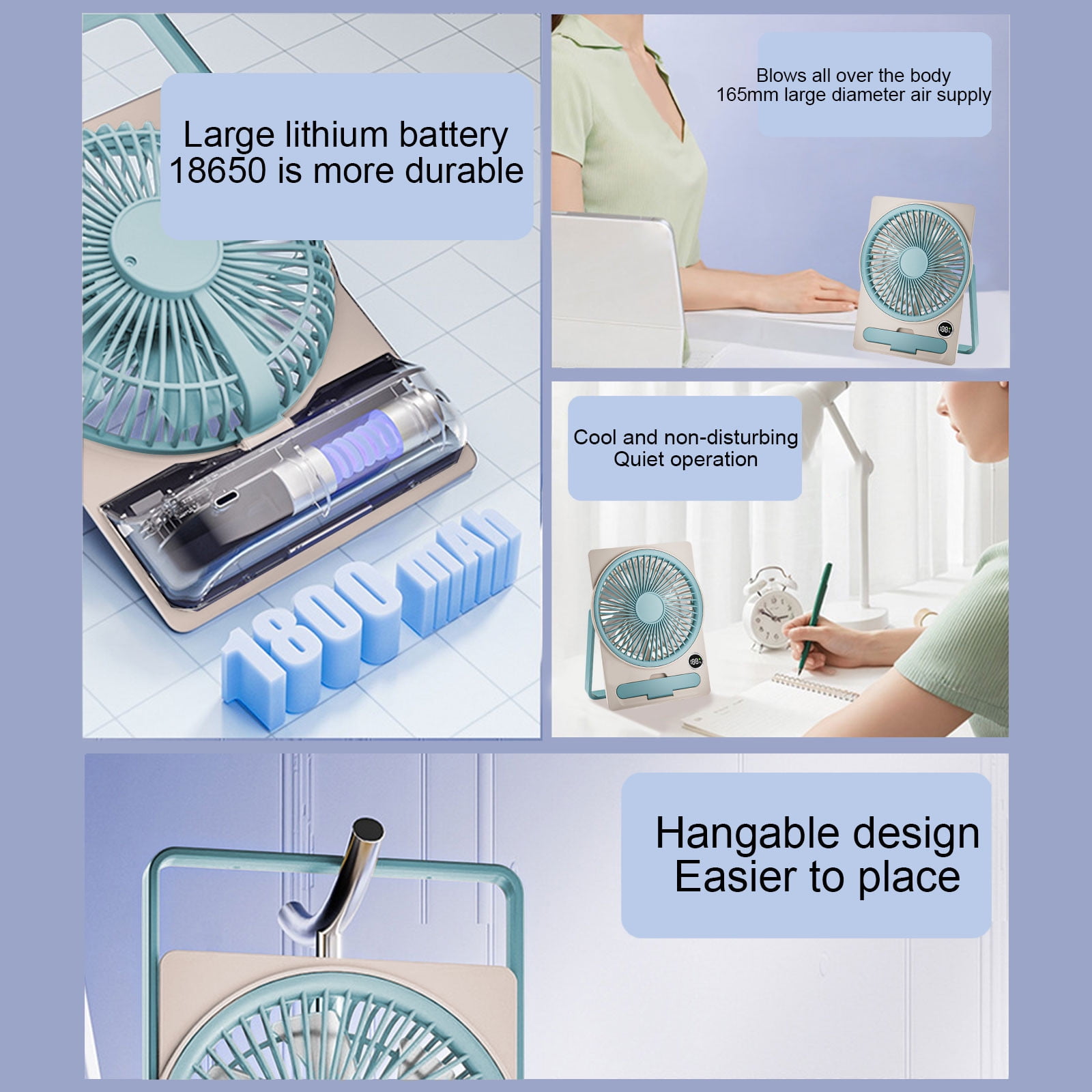 Yhmxh Small Desk Fan, 5 Speeds Adjustable Quiet Portable Rechargeable USB Fan With Digital Display, 180° Summer Wall-Mounted Fans for Home Office Kitchen Travel Outdoor (Blue)