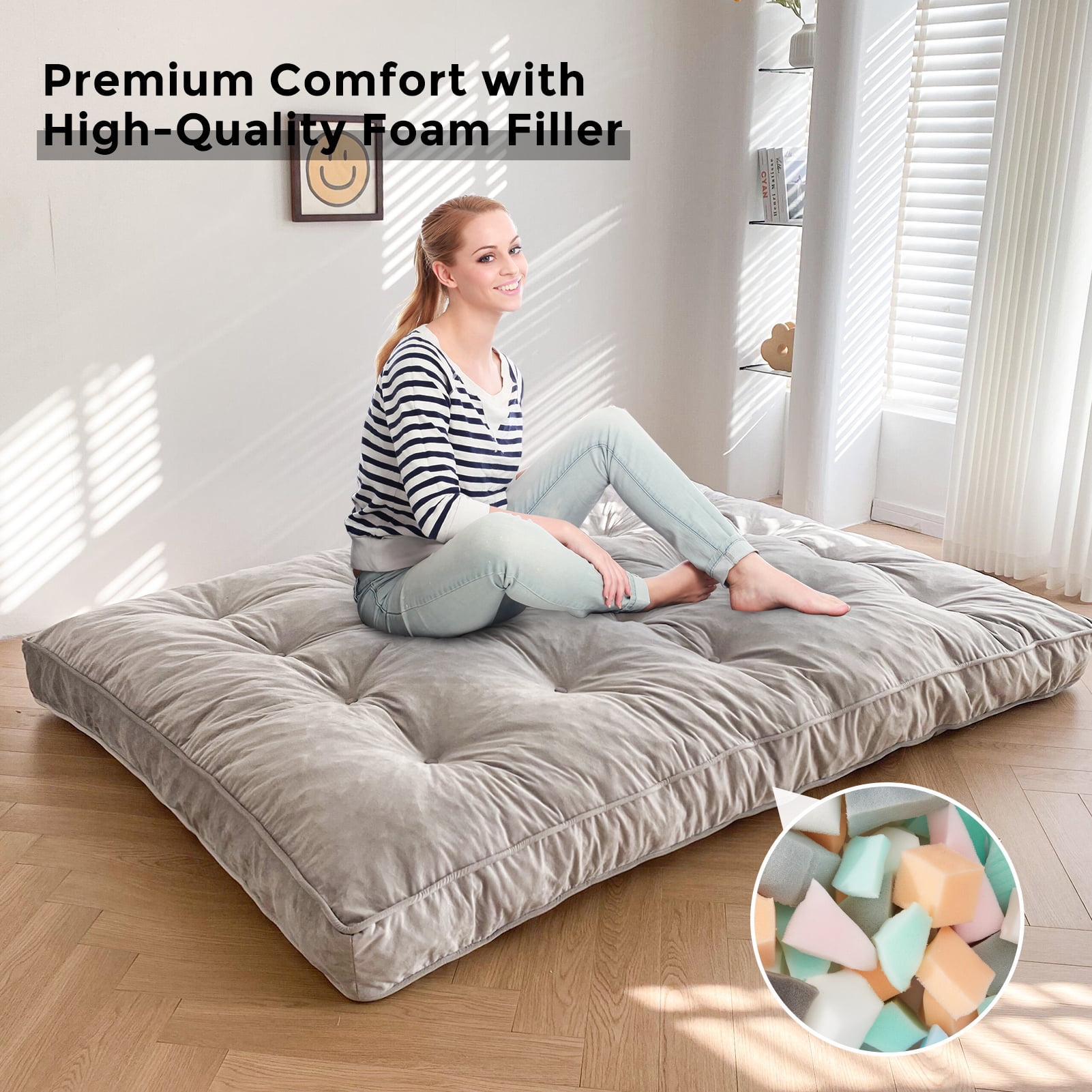 BYBYME 6" Futon Mattress,Velvet Thick Futons Sofa Couch Bed,Floor Mattress for Adults,Shredded Foam Filling,Grey Queen(Frame Not Included)