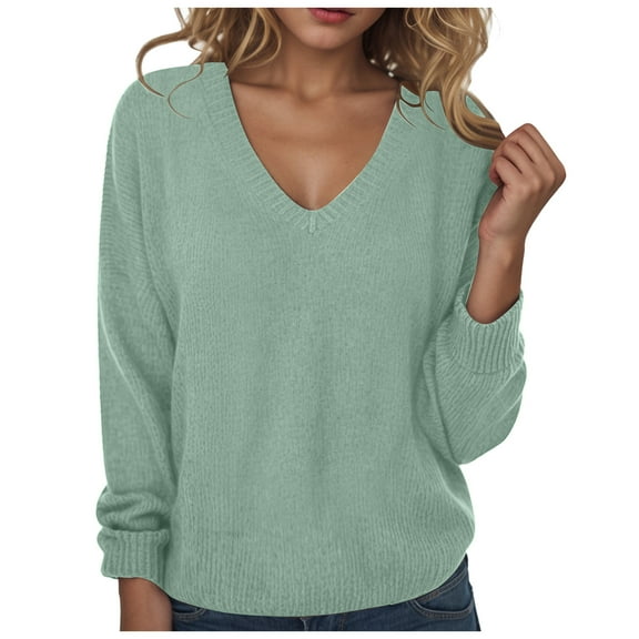 larppty Women's Long Sleeve V Neck Pullover Tops Oversized Chunky Knitted Loose Jumper Sweaters (Green, S)