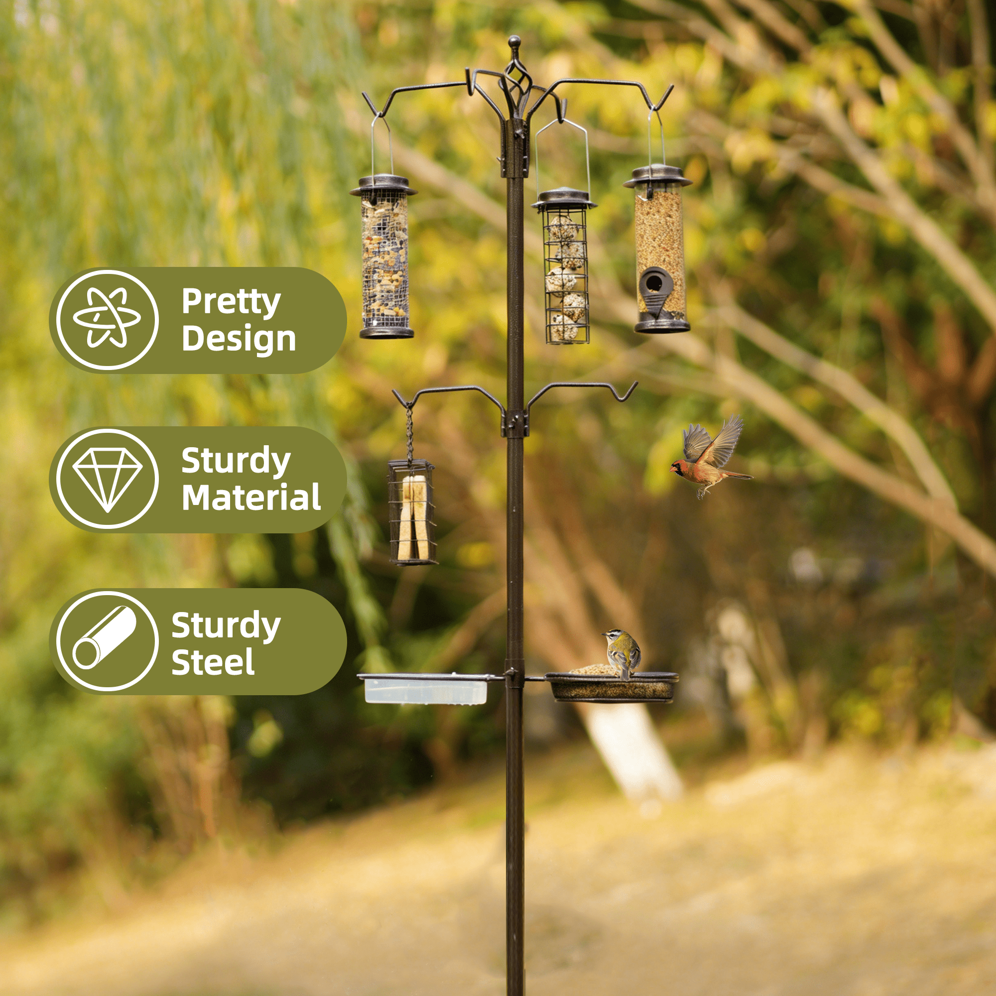 Urban Deco 96.4 Inch Bird Feeding Station Kit Wild Bird Feeder Hanging Planter Hanger Multi Feeder Hanging with Metal Suet Feeder Bird Bath for Attracting Wild Birds