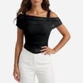 thumbnail image 2 of Daznico Women's Off Shoulder Mesh Layered Ruched Top with Double Straps Casual Summer Slim Fit Tops,XXL, 2 of 5