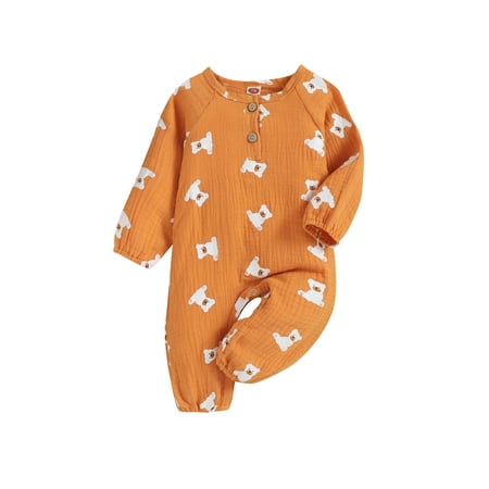 

Baby Girls Boys Cartoon Jumpsuit Creative Little Bear Printing Long Sleeve Round Collar Romper