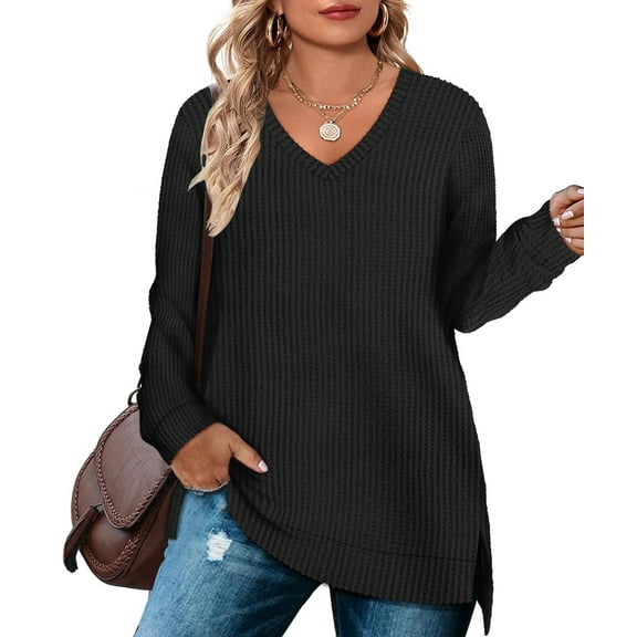 CASSIE LIZ Plus Size Tops Long Sleeve Fall Womens Shirts Fashion V Neck Solid Tunics Loose Fit Winter Blouses Casual Slit Hem Pullover (XL-5XL)