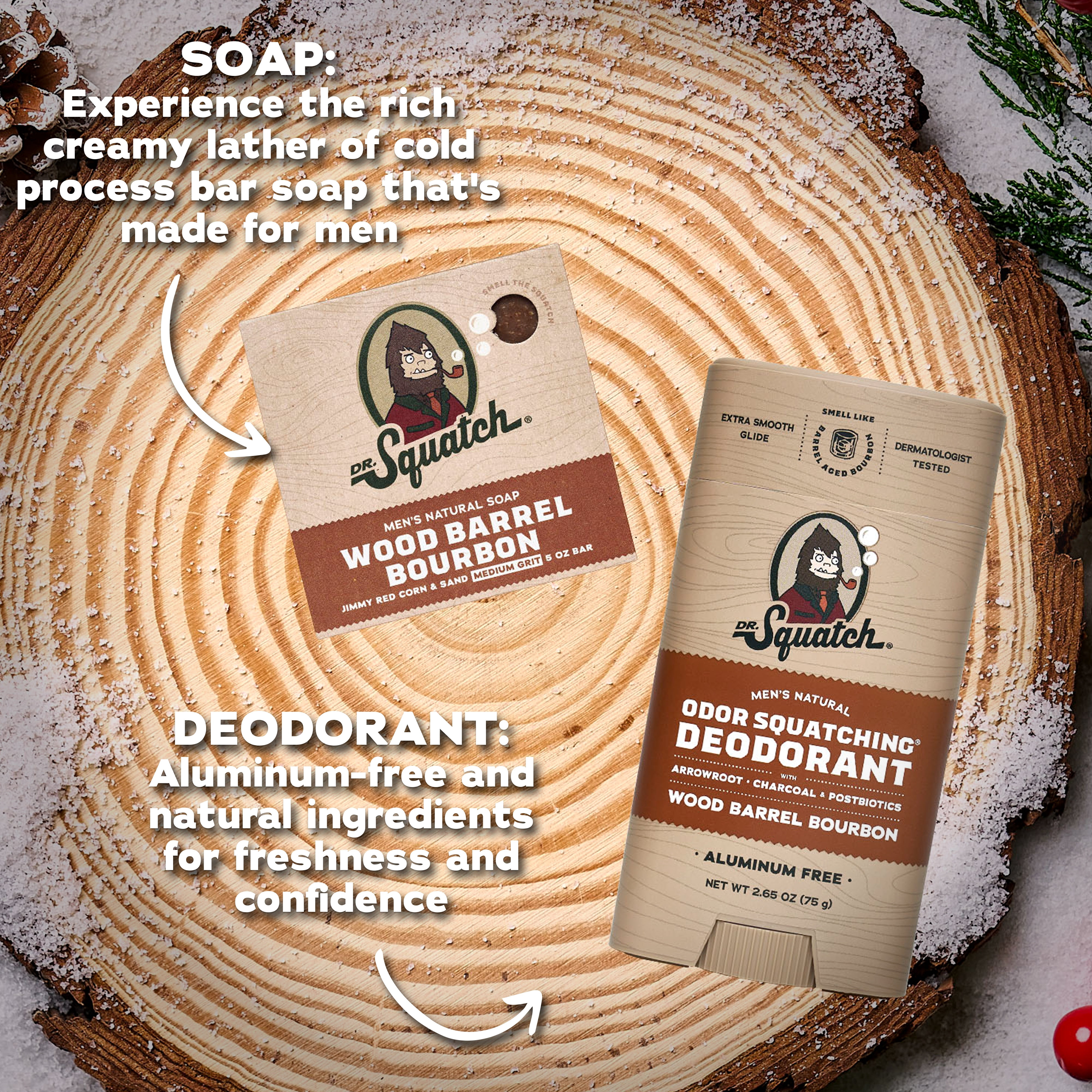 Dr. Squatch Wood Barrel Bourbon Holiday Gifts for Men – Natural Bar Soap + Aluminum Free Deodorant (2-Pack)