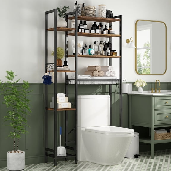 YIYADO 8-Tier Over The Toilet Storage with Side Rack, Over Toilet Storage Rack with Adjustable Shelf & Drain Basket, Freestanding Bathroom Organizer for Balcony, Laundry (Vintage Brown)