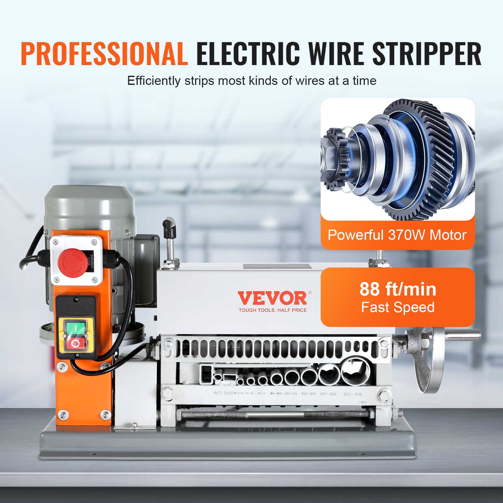 VEVOR Electric Cable Stripping Tool, 0.06''-1.57'' Motorized Wire Stripper, 370 W, 88 ft/min, Includes Manual Crank & 11 Channels, Ideal for Copper Scrap Recycling