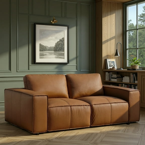 Clayton 76 in. Modern Top Grain Genuine Leather Loveseat in Ochre with Track Arms