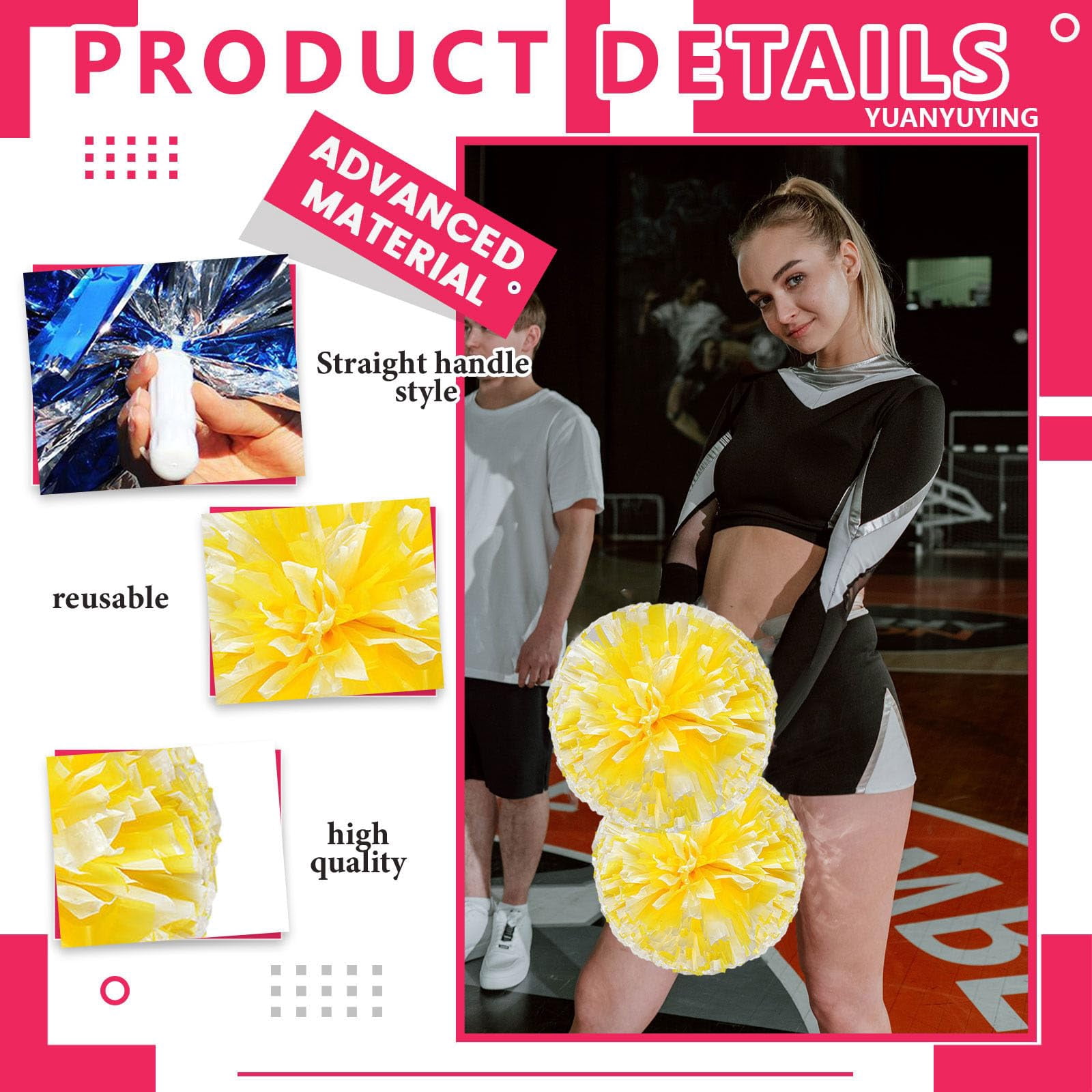 12 Pcs Cheerleading Pom Poms, Cheerleader Pompoms with Straight Handle Style,Fit for Team Spirit Sports Dance Cheering