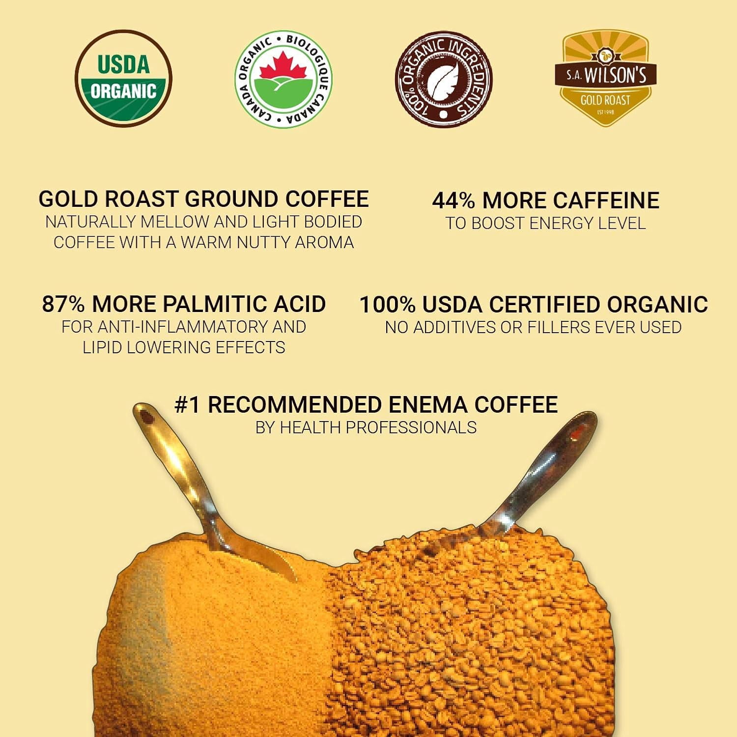 Kinara Organic  Gold Coffee with Scoop, High Caffeine (44 Higher Caffeine) by S.A. Wilson - Pack of 2 (3 Piece Set)