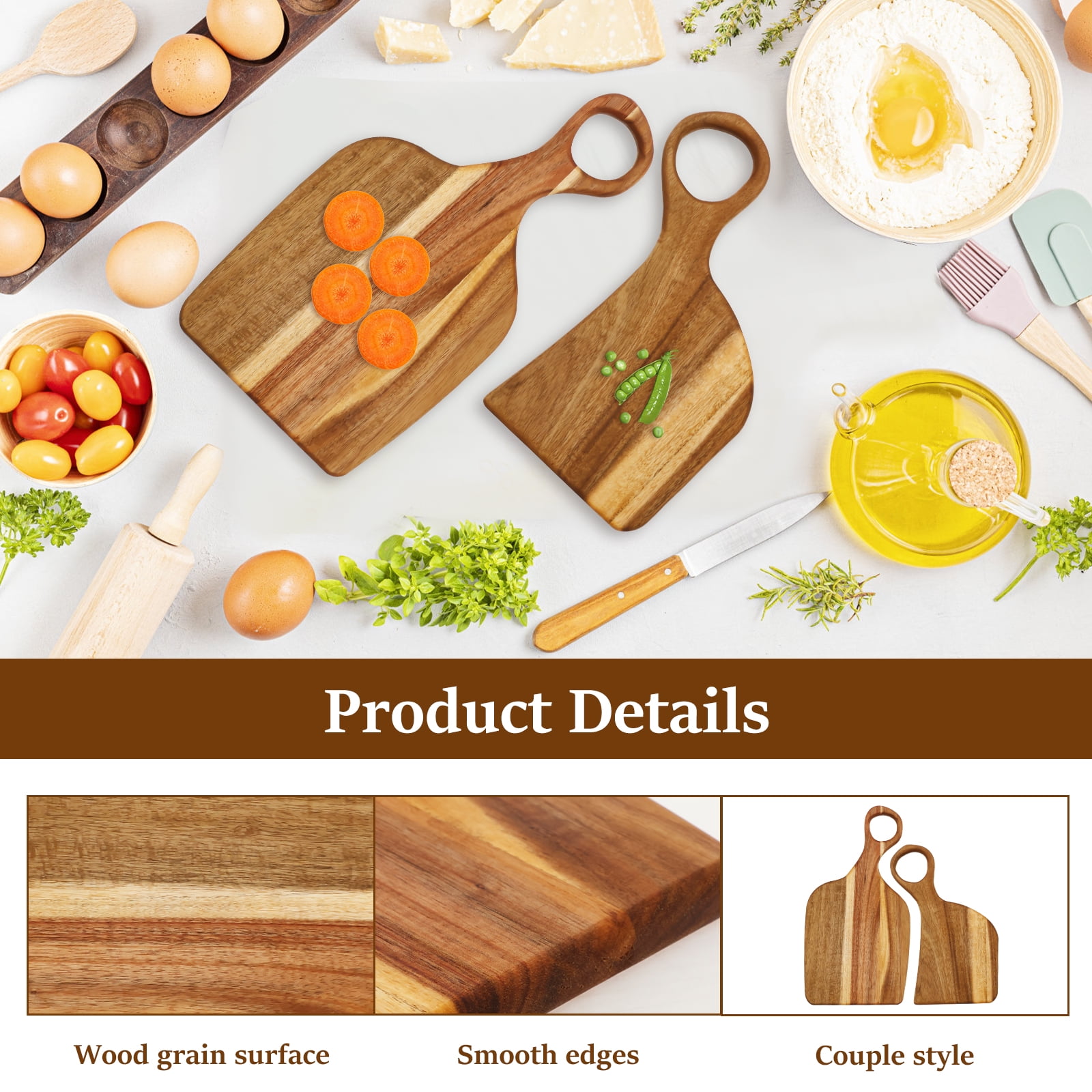 Grusce 2PCS Acacia Wood Couple Cutting Board, Smooth Edge Couple Charcuterie Board with Handle, Large Thick Wooden Cutting Boards, Kitchen Cutting Boards for Meat, Bread, Fruits Serving Board