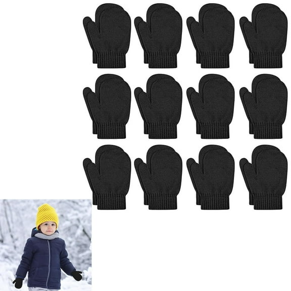 GIXUSIL 12 Pairs 5 inches Black Bulk Knit Gloves, Durable Winter Mittens, Warm Gloves, Thicken Full Finger Gloves, Stretchy Unisex Gloves, Stretch Mittens for Boys and Girls