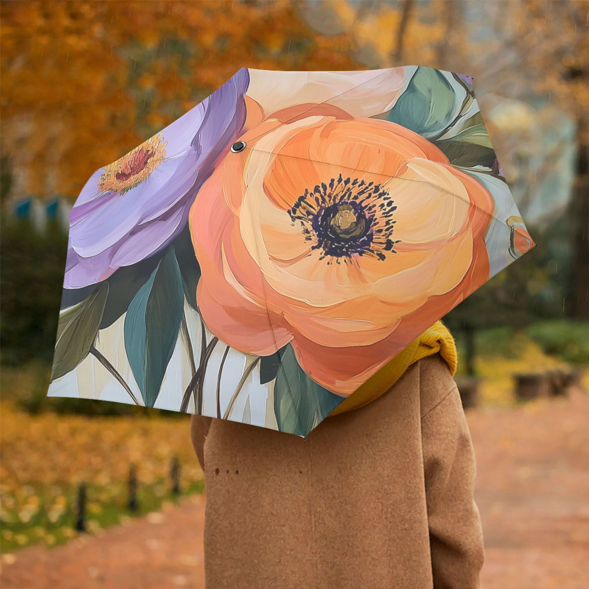 FORMRS Travel Umbrella Folding Auto Open Close Windproof Rain UV Protection, Bright Flowers