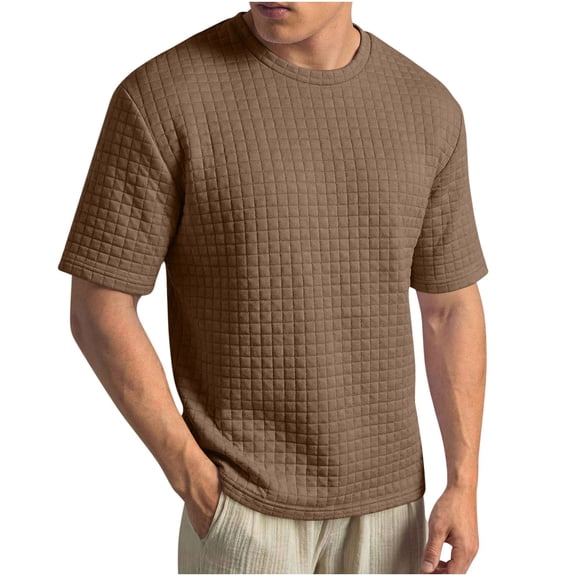 GUZOM Quilted Textured Mens T-Shirt Casual Short Sleeve Top, Relaxed Fit Crew Neck in Brown, 100% Polyester Wrinkle Resistant Easy Care Shirt,Size S
