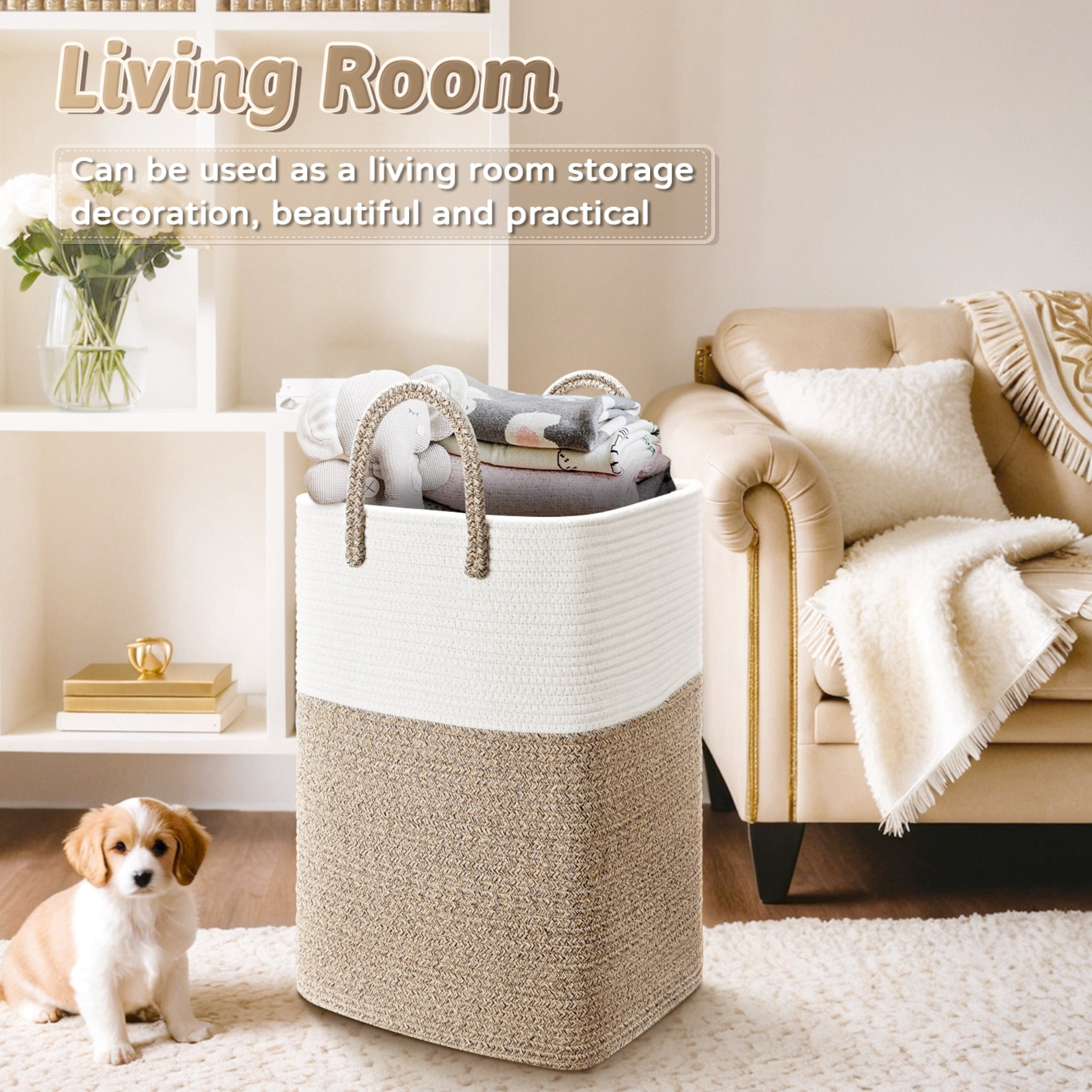 Laundry Basket, Woven Cotton Rope Laundry Hamper, Versatile Storage for Dirty Clothes, Baby Toys, and Blankets in Bathroom, Nursery, and Living Room