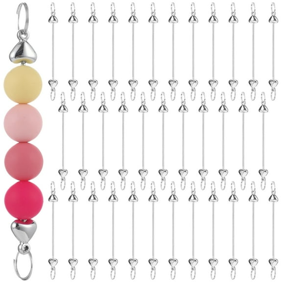 50 Pcs Beadable Keychain Bars, 3.5 in DIY Detachable Key Chain Making Accessories, Silver Heart Shaped, Polished Metal Feel, Sturdy Plastic, Perfect for Charms and Personalized Gifts