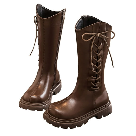 Girl's Knee High Winter Boots Side Strappy Zipper Fashion Tall Riding Boots High Top Waterproof Leather Lug Sole Booties Brown 3.5 Big Kids
