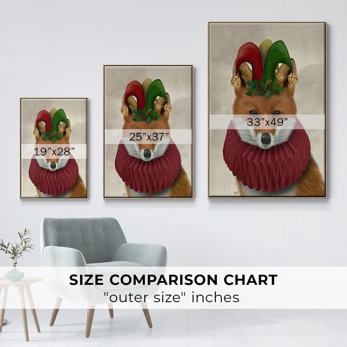 Christmas Foxy Christmas Fool - Framed Gallery Wrapped Holiday Canvas - 27 x 41 - Natural Wood Frame